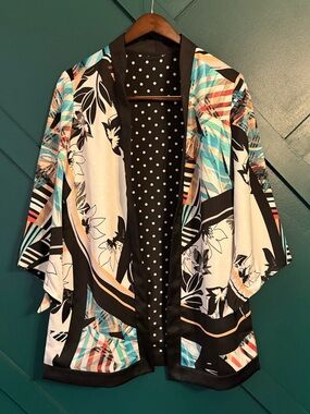 Chico's Black, White, Teal & Coral Floral Print Open Kimono Cardigan